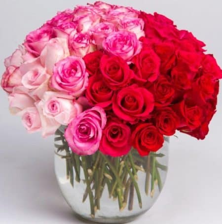 One of our most stunning arrangements, this ombre style design is created from an abundance of our premium roses from blush pink to deep red and every shade in between.