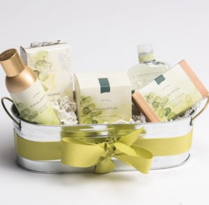 gift basket with eucalyptus scente soaps and lotions