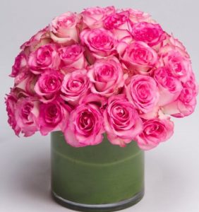 Simple yet stunning - this lush, compact arrangement of all pink roses is designed in our signature leaf-lined cylinder vase.